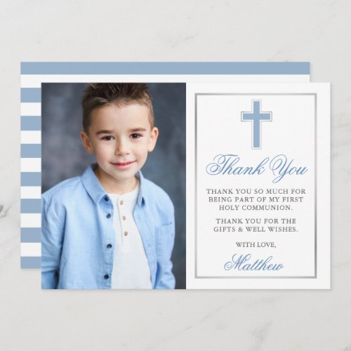 First Holy Communion Light Blue Silver Striped Thank You Card