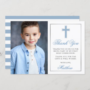 First Holy Communion Light Blue Silver Striped Thank You Card
