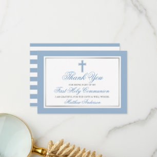 First Holy Communion Light Blue Silver Striped Thank You Card
