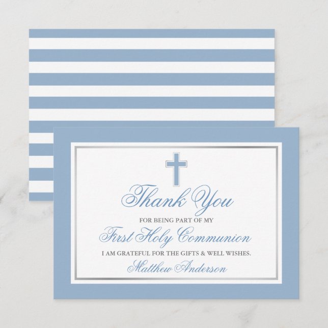 First Holy Communion Light Blue Silver Striped Thank You Card (Front/Back)