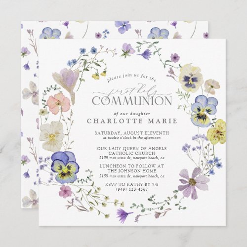 First Holy Communion Lilac  Blue Floral Girl Invitation