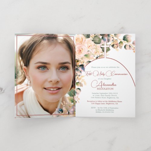 First Holy Communion Lovely Roses Personal Photo  Foil Greeting Card