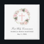 First Holy Communion Magnet Favor Pink Rose<br><div class="desc">Personalized magnets make great First Communion favors. A pretty pink rose floral wreath with a pink cross in the center creates a feminine and religious design. Perfect for a Christian or Catholic ceremony. Three lines of text below the wreath let you add your custom message. I chose First Holy Communion,...</div>