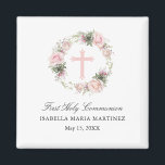 First Holy Communion Magnet Favor Pink Rose<br><div class="desc">Personalized magnets make great First Communion favors. A pretty pink rose floral wreath with a pink cross in the center creates a feminine and religious design. Perfect for a Christian or Catholic ceremony. Three lines of text below the wreath let you add your custom message. I chose First Holy Communion,...</div>