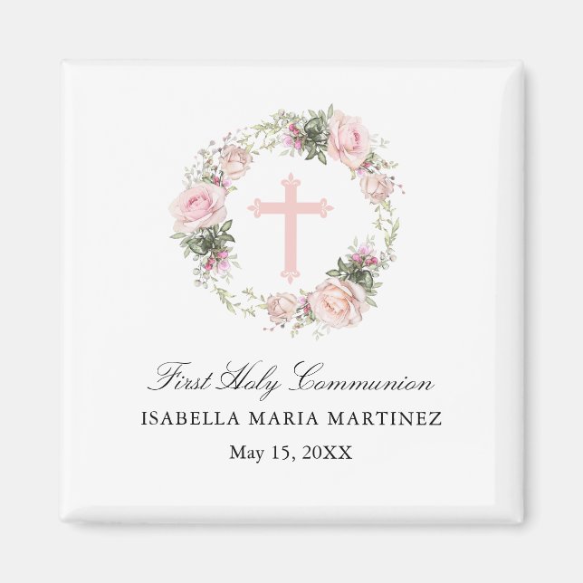 First Holy Communion Magnet Favor Pink Rose (Front)
