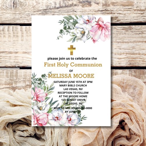 First Holy Communion magnolia pink white flowers Invitation