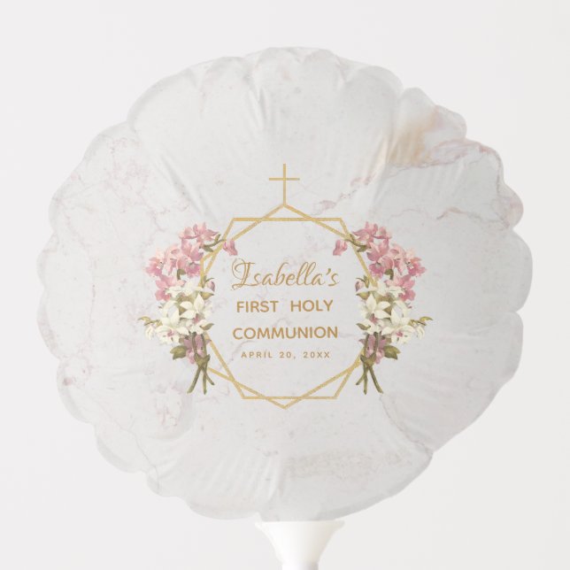 First Holy Communion Marble Floral Gold Orchids Balloon (Front)