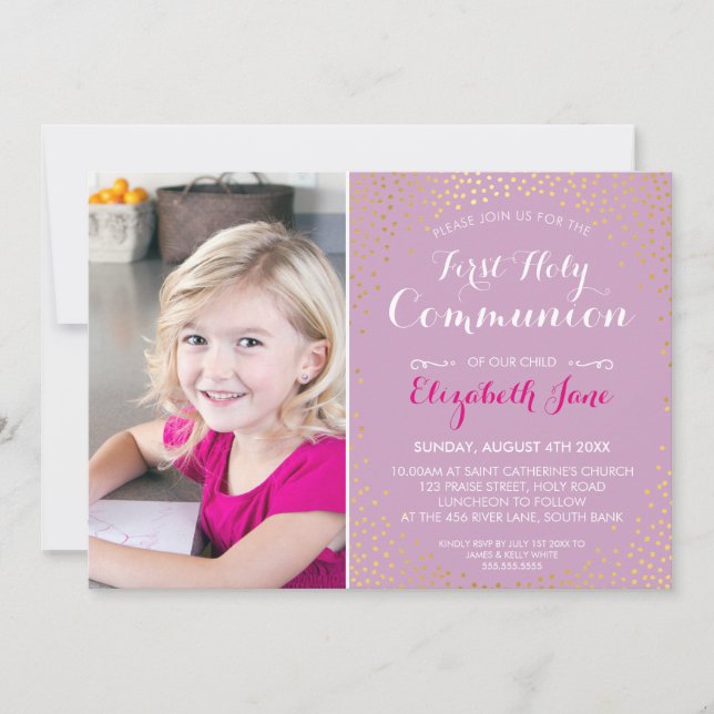 FIRST HOLY COMMUNION mini gold confetti purple Invitation (Front)