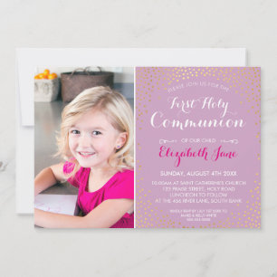 FIRST HOLY COMMUNION mini gold confetti purple Invitation