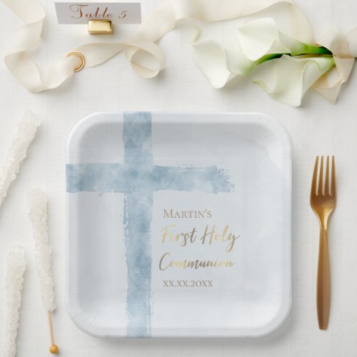 First Holy Communion modern blue watercolor   Paper Plates