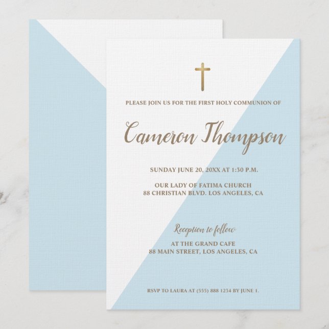 First Holy Communion Modern Blue White Gold Invitation (Front/Back)