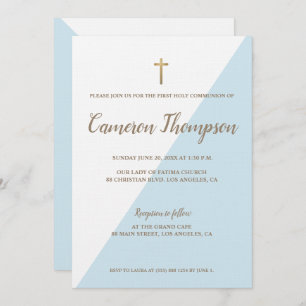 First Holy Communion Modern Blue White Gold Invitation