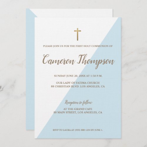 First Holy Communion Modern Blue White Gold Invitation