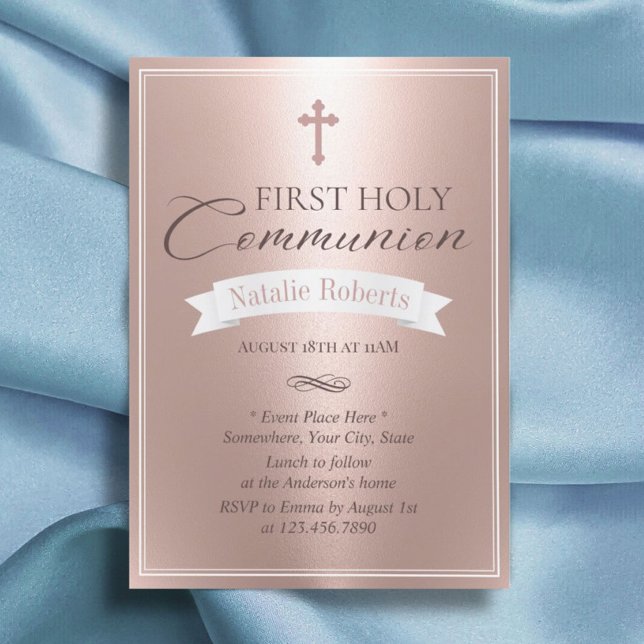 First Holy Communion Modern Blush Rose Gold Invitation (Creator Uploaded)
