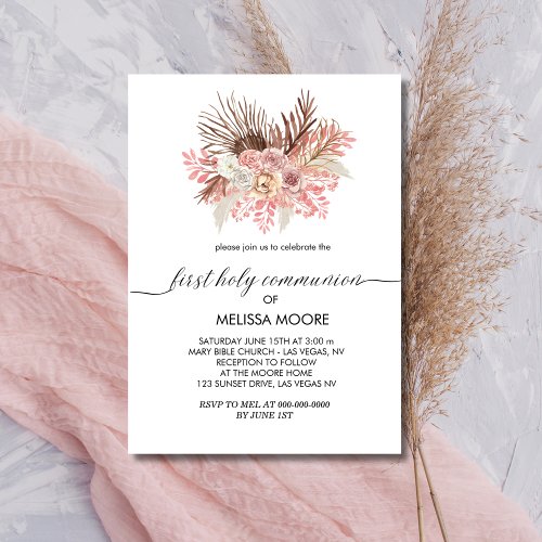 First Holy Communion Modern Boho Dusty Rose Floral Invitation