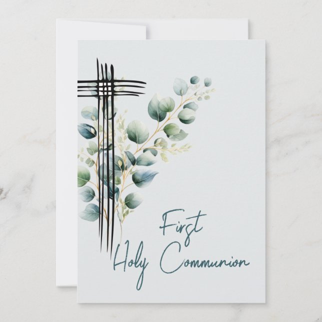First Holy Communion Modern Botanical Blue Cross Invitation (Back)