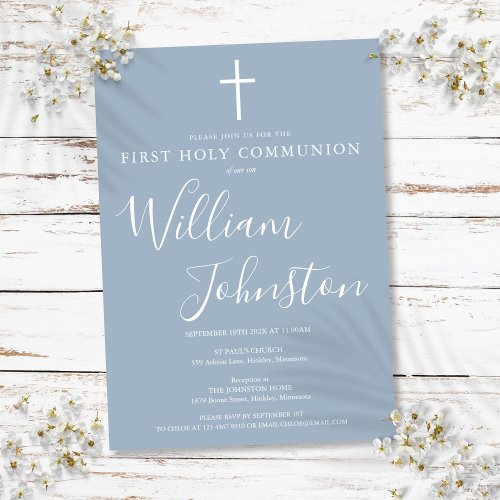 First Holy Communion Modern Dusty Blue Invitation