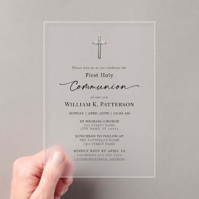 First Holy Communion Modern Elegant Frosted Acrylic Invitations (Insitu (Handheld))