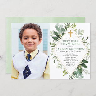 First Holy Communion modern eucalyptus photo Invitation