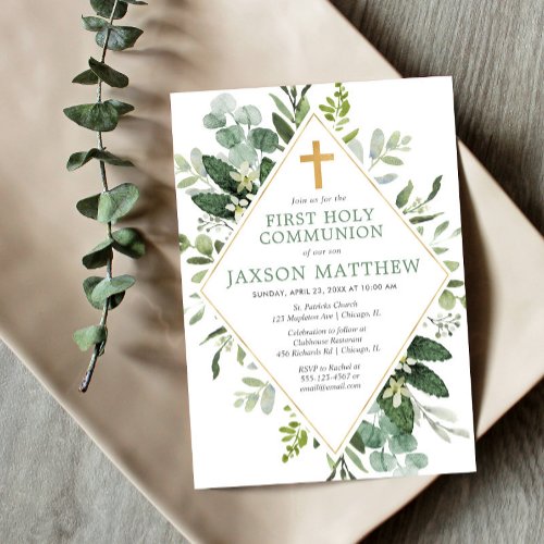 First Holy Communion modern eucalyptus simple Invitation