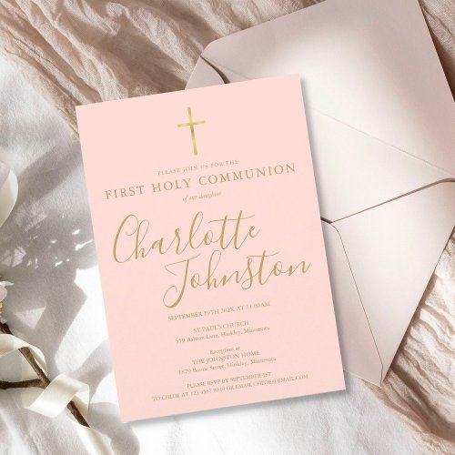 First Holy Communion Modern Gold Blush Pink  Invitation