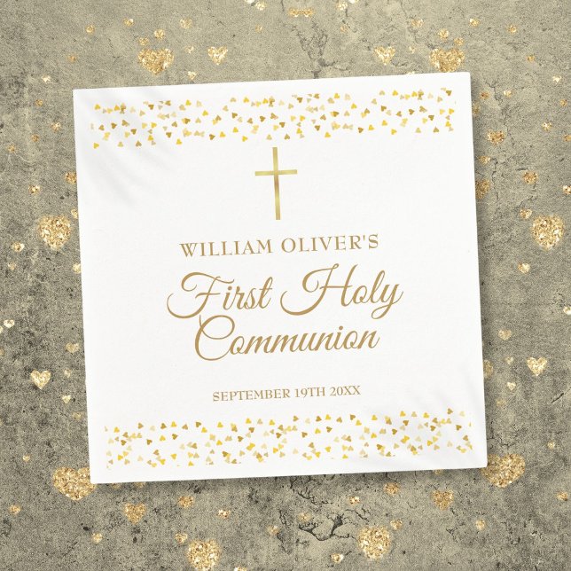 First Holy Communion Modern Gold Hearts  Napkins (First Holy Communion Modern Gold Hearts Napkins)