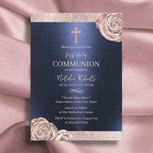 First Holy Communion Modern Navy Rose Gold Floral Invitation