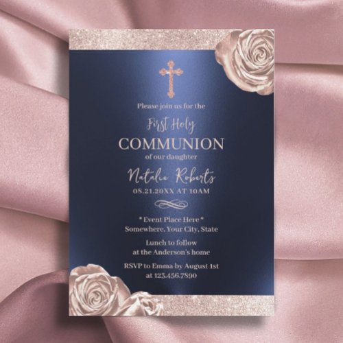 First Holy Communion Modern Navy Rose Gold Floral Invitation