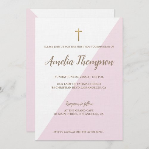 First Holy Communion Modern Pink White Gold Invitation