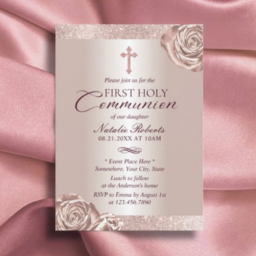 First Holy Communion Modern Rose Gold Floral Invitation