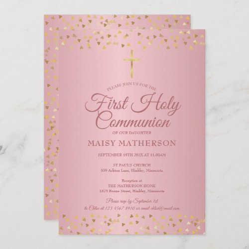 First Holy Communion Modern Rose Gold Hearts Invitation