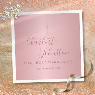 First Holy Communion Modern Rose Gold Pink Napkins