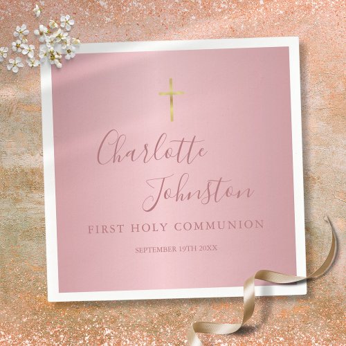 First Holy Communion Modern Rose Gold Pink Napkins
