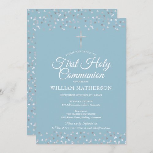  First Holy Communion Modern Silver Hearts Invitation