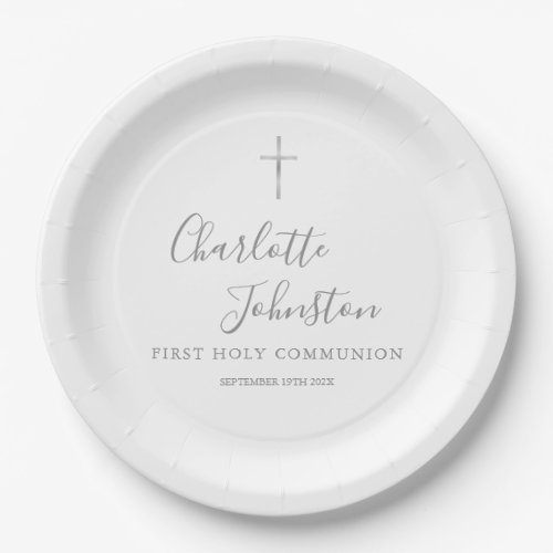 First Holy Communion Modern Silver Script Paper Plates