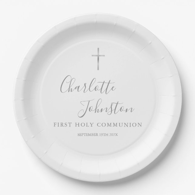 First Holy Communion Modern Silver Script Paper Plates (Front)