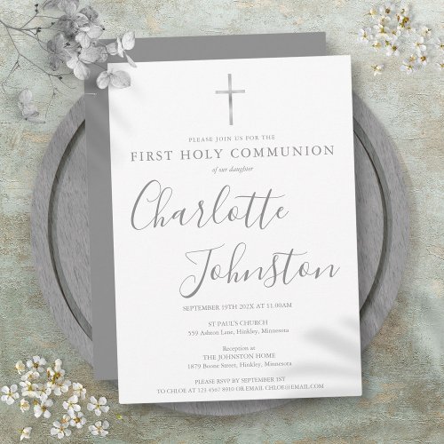 First Holy Communion Modern Silver Signature  Invitation