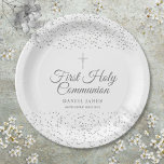 First Holy Communion Modern Silver Stardust  Paper Plates<br><div class="desc">Featuring delicate silver stardust,  you can personalise with your special first holy communion information in chic silver text.  Designed by Thisisnotme©</div>