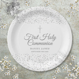 First Holy Communion Modern Silver Stardust  Paper Plates
