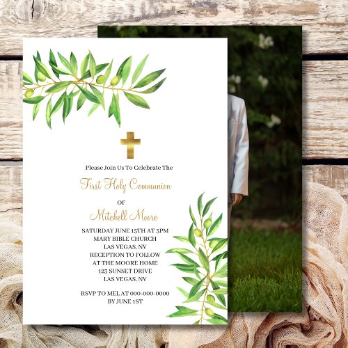 First Holy Communion Modern Simple Olive Branch Invitation