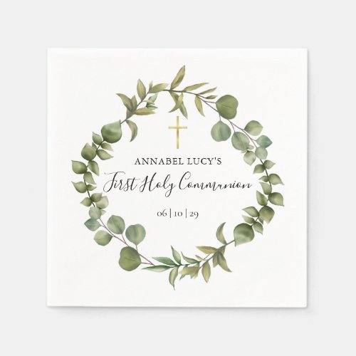 First Holy Communion Modern Woodland Greenery  Napkins