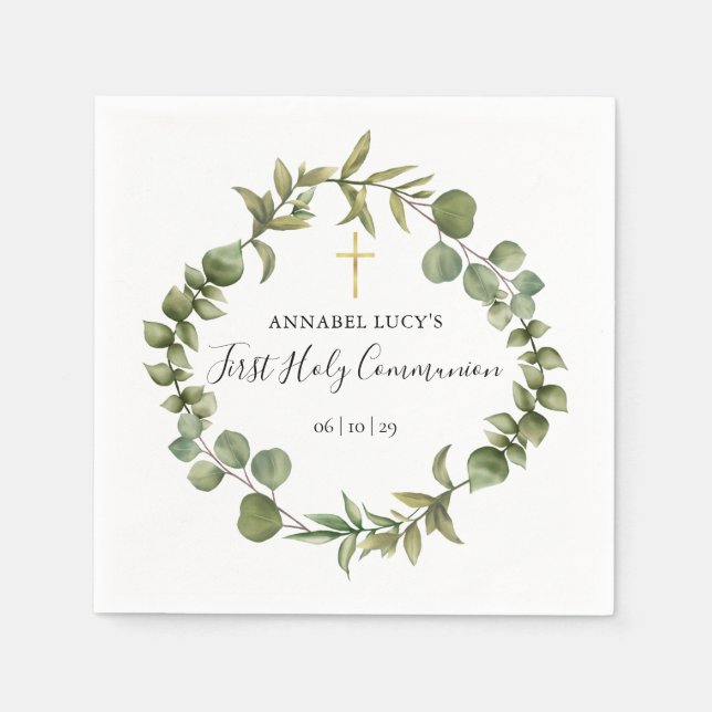 First Holy Communion Modern Woodland Greenery  Napkins (Front)