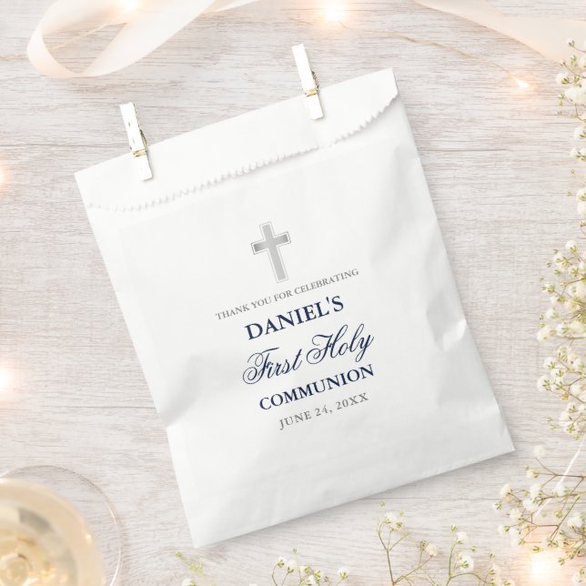 First Holy Communion Navy Blue and Silver Favor Bag (Clipped)