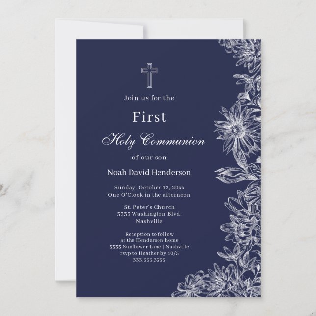 First Holy Communion Navy Blue Floral Cross Invitation (Front)