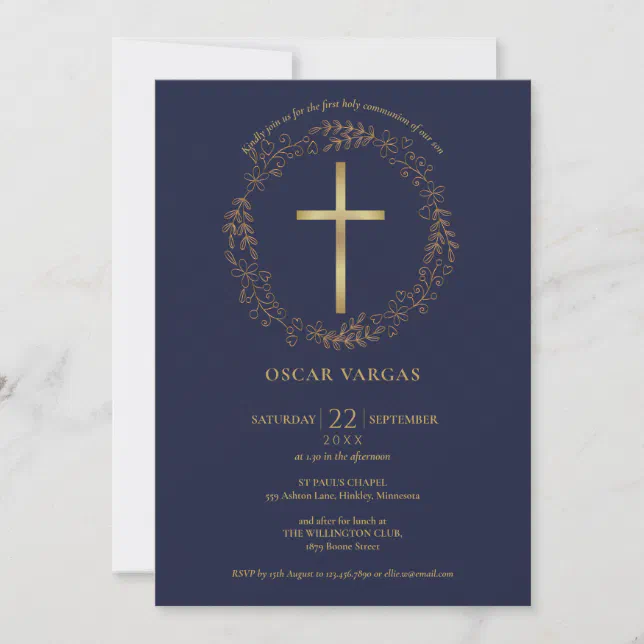 First Holy Communion Navy Blue Gold Cross Floral Invitation | Zazzle