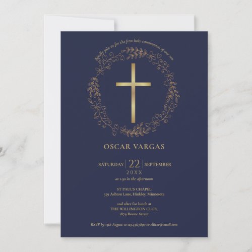 First Holy Communion Navy Blue Gold Cross Floral Invitation