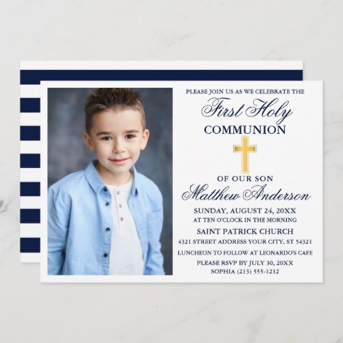 First Holy Communion Navy Blue Gold Cross Striped Invitation