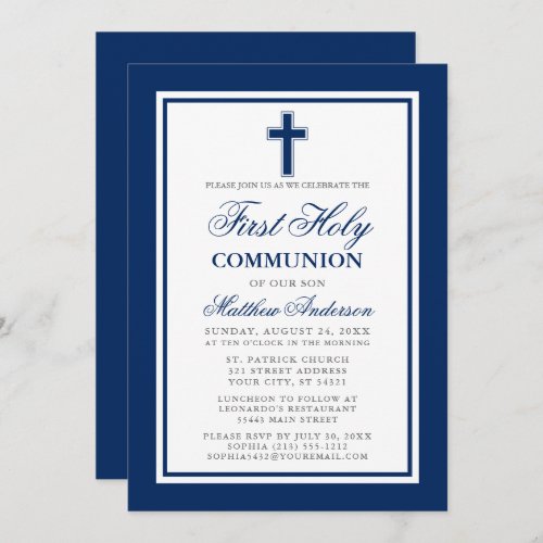 First Holy Communion Navy Blue Silver Invitation