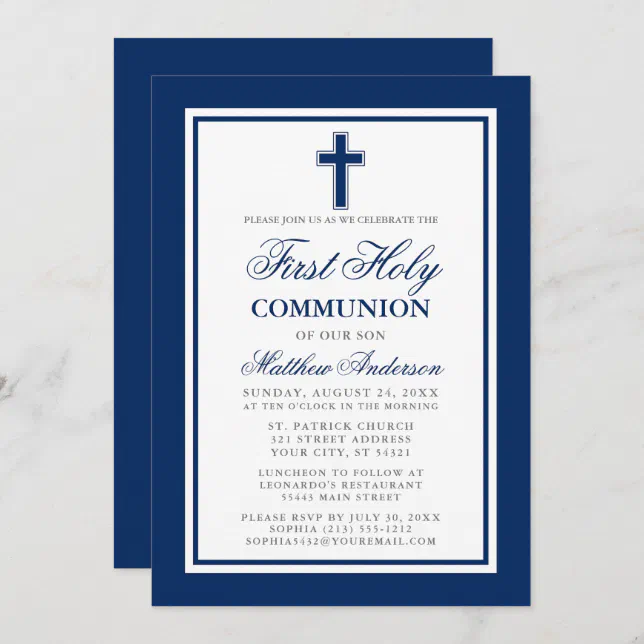 First Holy Communion Navy Blue Silver Invitation | Zazzle