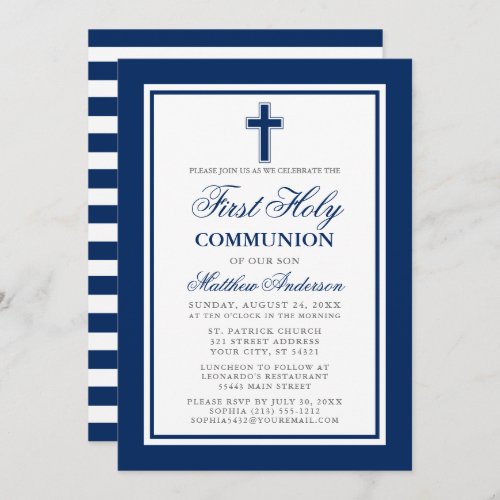 First Holy Communion Navy Blue Silver Striped Invitation
